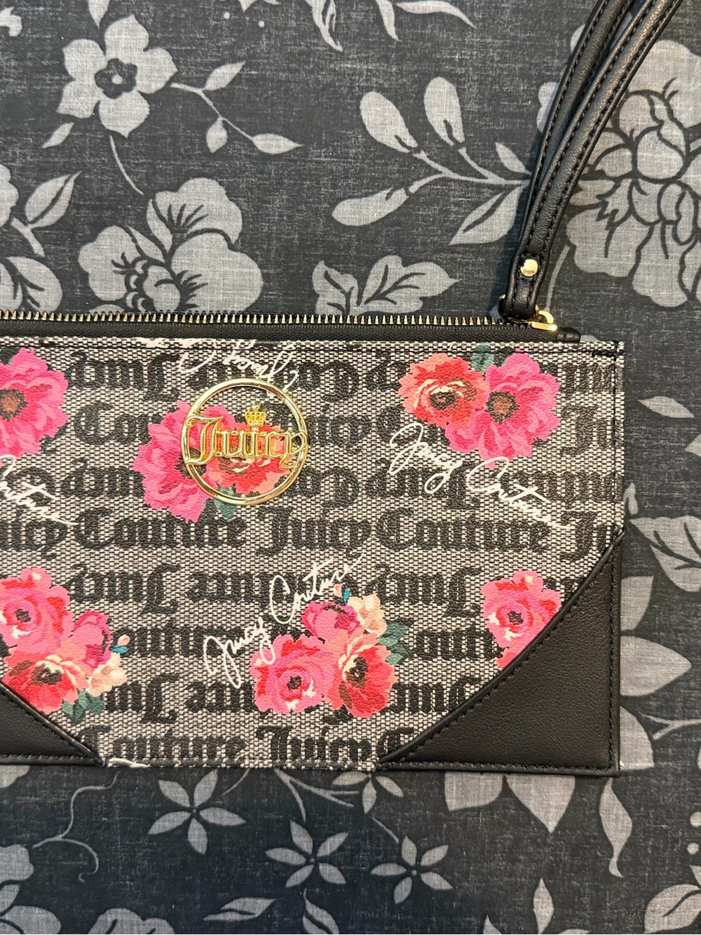 Juicy Couture Black Floral Logo Large Wristlet — Pink Rose Print NWOT
